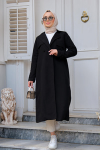 Kruvaze Yaka Trençkot Siyah