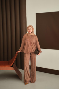 Küçük Boncuk Detaylı İkili Takım Kahverengi