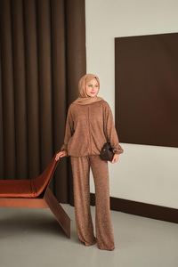 Küçük Boncuk Detaylı İkili Takım Kahverengi