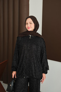 Küçük Boncuk Detaylı İkili Takım Siyah