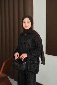 Küçük Boncuk Detaylı İkili Takım Siyah