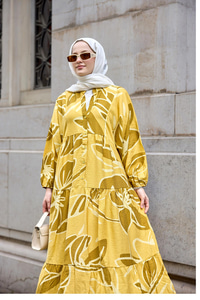 Kum İzi Desenli Elbise Sarı