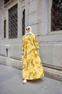 Kum İzi Desenli Elbise Sarı