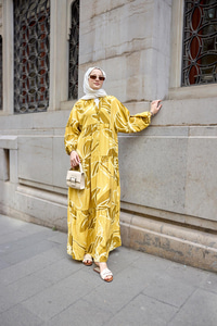 Kum İzi Desenli Elbise Sarı