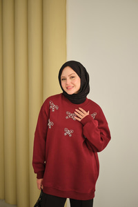 Kurdelesi Taş Detay Sweat Bordo