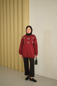 Kurdelesi Taş Detay Sweat Bordo