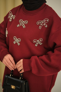 Kurdelesi Taş Detay Sweat Bordo