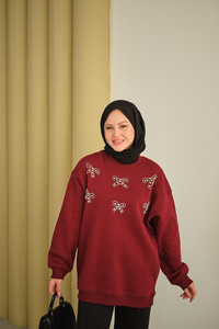 Kurdelesi Taş Detay Sweat Bordo