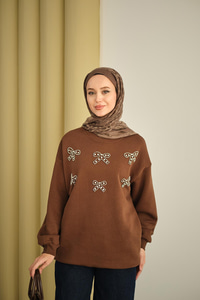 Kurdelesi Taş Detay Sweat Kahverengi