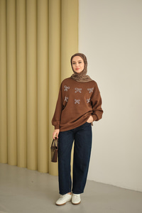 Kurdelesi Taş Detay Sweat Kahverengi