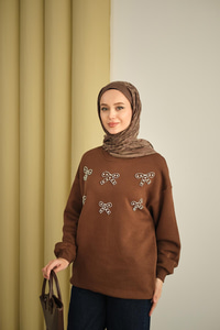 Kurdelesi Taş Detay Sweat Kahverengi