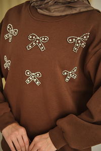 Kurdelesi Taş Detay Sweat Kahverengi