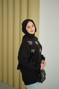 Kurdelesi Taş Detay Sweat Siyah
