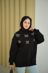 Kurdelesi Taş Detay Sweat Siyah