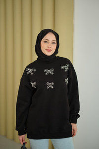 Kurdelesi Taş Detay Sweat Siyah