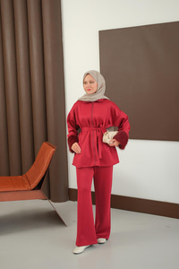 Kürk Detay Bel Bağlamalı Takım Bordo