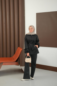 Kürk Detay Bel Bağlamalı Takım Siyah