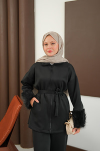 Kürk Detay Bel Bağlamalı Takım Siyah