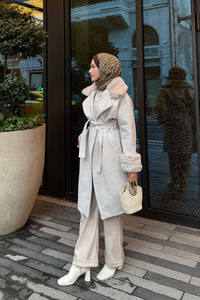 Kürk Detay Kaban Krem