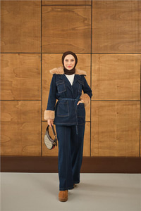 Kürk Detay Kot Takım Lacivert