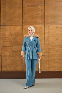 Kürk Detay Kot Takım Mavi