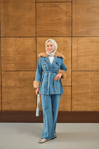 Kürk Detay Kot Takım Mavi