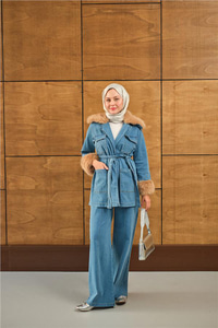 Kürk Detay Kot Takım Mavi