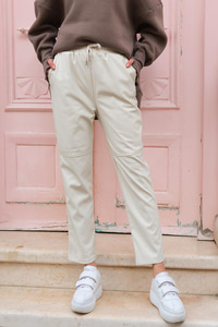 Kuş Gözlü Deri Pantolon Ekru