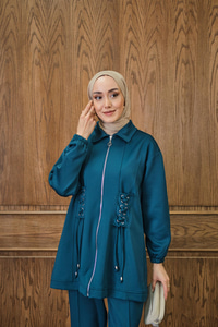 Kuş Gözü Detaylı Takım Petrol Mavi