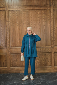 Kuş Gözü Detaylı Takım Petrol Mavi