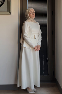 Kuş Gözü Kemerli Scuba Elbise Beyaz