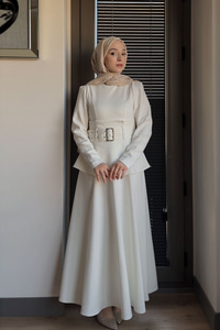 Kuş Gözü Kemerli Scuba Elbise Beyaz