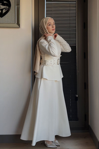 Kuş Gözü Kemerli Scuba Elbise Beyaz