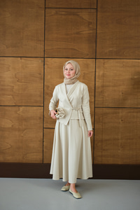 Kuş Gözü Kemerli Scuba Elbise Krem