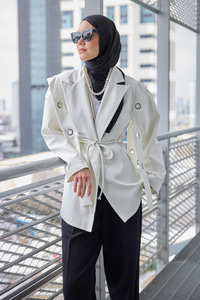 Kuş Gözü Kruvaze Yaka Blazer Ceket  Beyaz