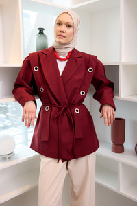 Kuş Gözü Kruvaze Yaka Blazer Ceket  Bordo
