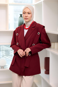 Kuş Gözü Kruvaze Yaka Blazer Ceket  Bordo