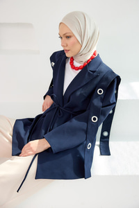 Kuş Gözü Kruvaze Yaka Blazer Ceket  Lacivert