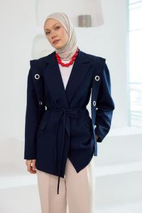 Kuş Gözü Kruvaze Yaka Blazer Ceket  Lacivert