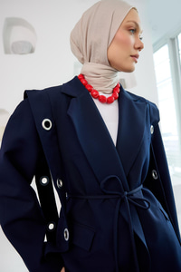 Kuş Gözü Kruvaze Yaka Blazer Ceket  Lacivert