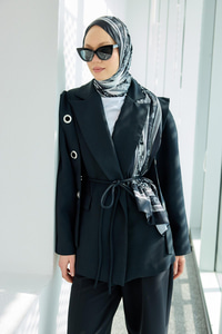 Kuş Gözü Kruvaze Yaka Blazer Ceket  Siyah