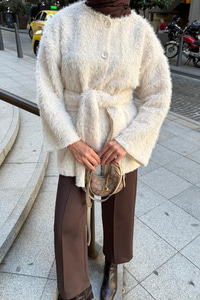 Kuşak Detaylı Hırka Krem