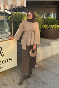 Kuşak Detaylı Hırka Vizon