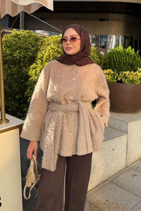 Kuşak Detaylı Hırka Vizon