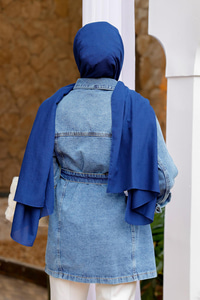 Kuşaklı Eskitme Kot Ceket Buz Mavi