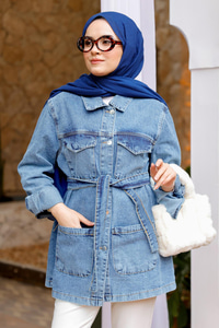 Kuşaklı Eskitme Kot Ceket Buz Mavi