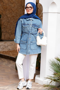 Kuşaklı Eskitme Kot Ceket Buz Mavi