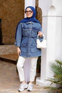 Kuşaklı Eskitme Kot Ceket Mavi