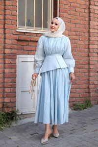 Kuşaklı Kraş Elbise Bebe Mavi