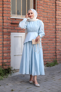 Kuşaklı Kraş Elbise Bebe Mavi